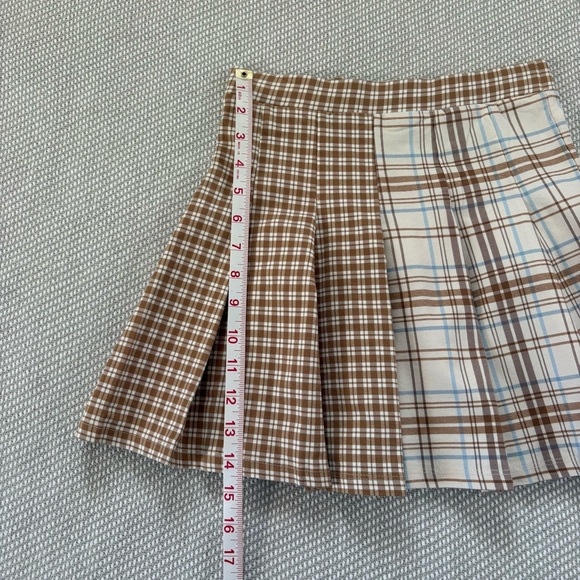 Originality Tan White Blue Plaid Gingham Colorblock Pleated Flare Mini Skirt Xs - Picture 5 of 6